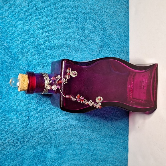 Vintage Other - Pink Glass Decorative Bottle, Fushia, Bright Pink, Cute Decor With Beads